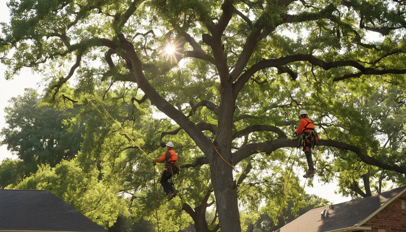 Tree removal provider crew lowering a large oak limb in a San Antonio backyard